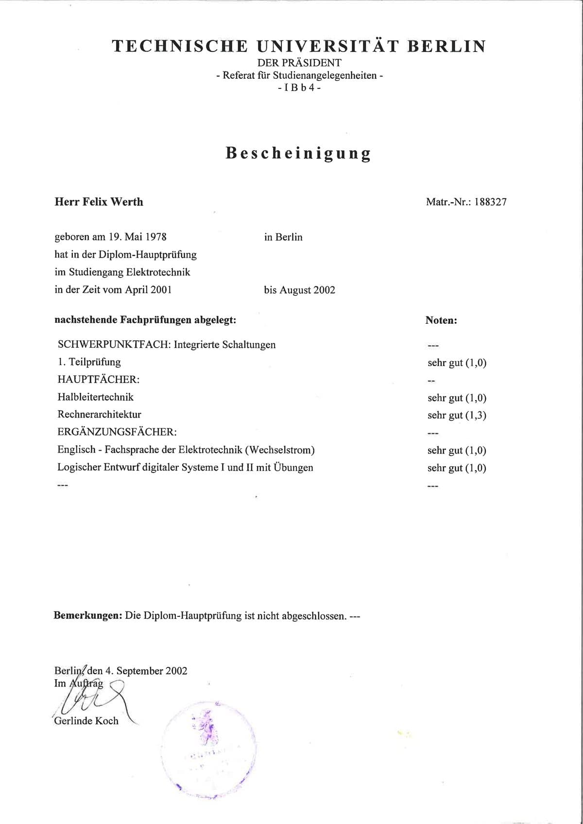 Advanced Studies Transcript (Hauptprüfung)