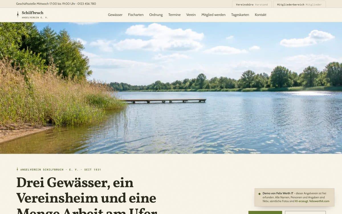 Home page of the demo website for the fishing club Schilfbruch