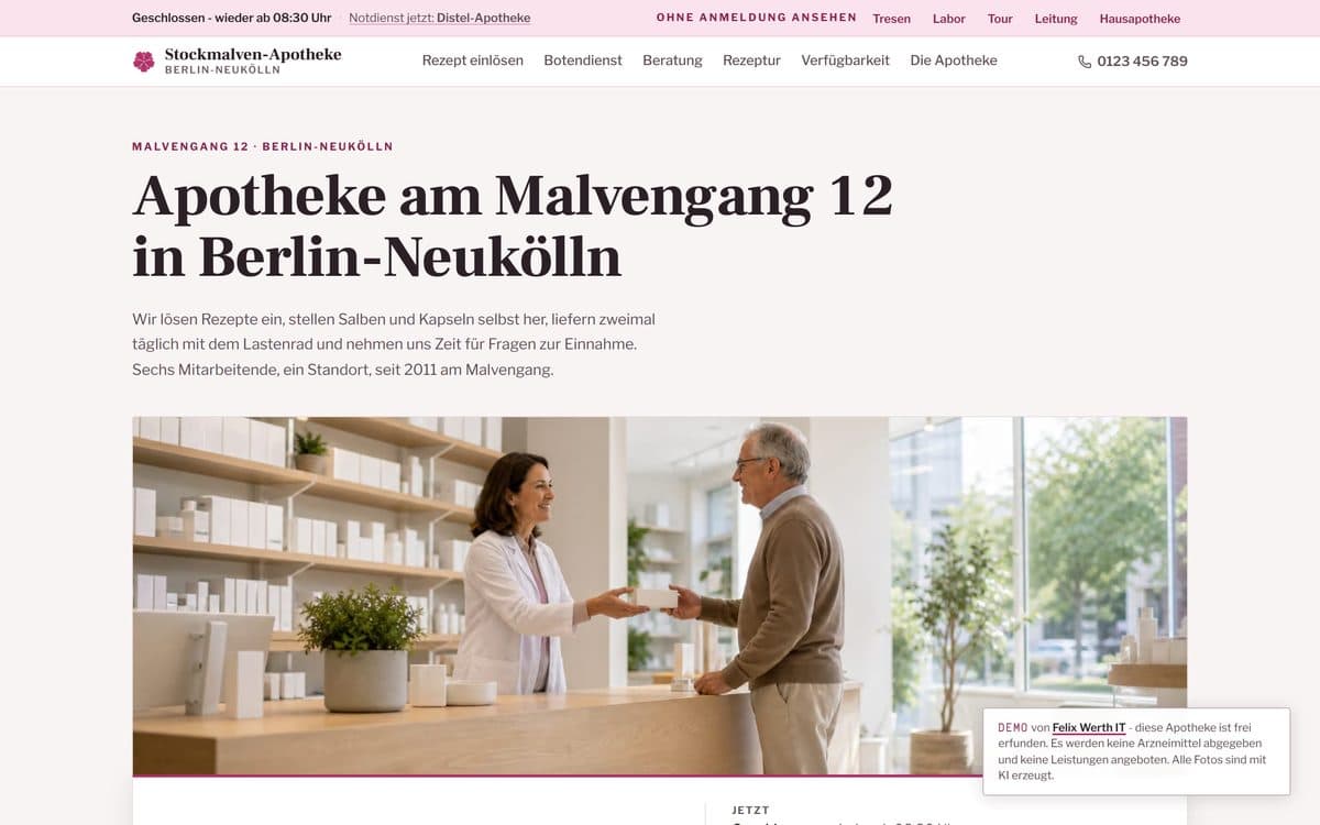 Home page of the demo website for the Stockmalven pharmacy