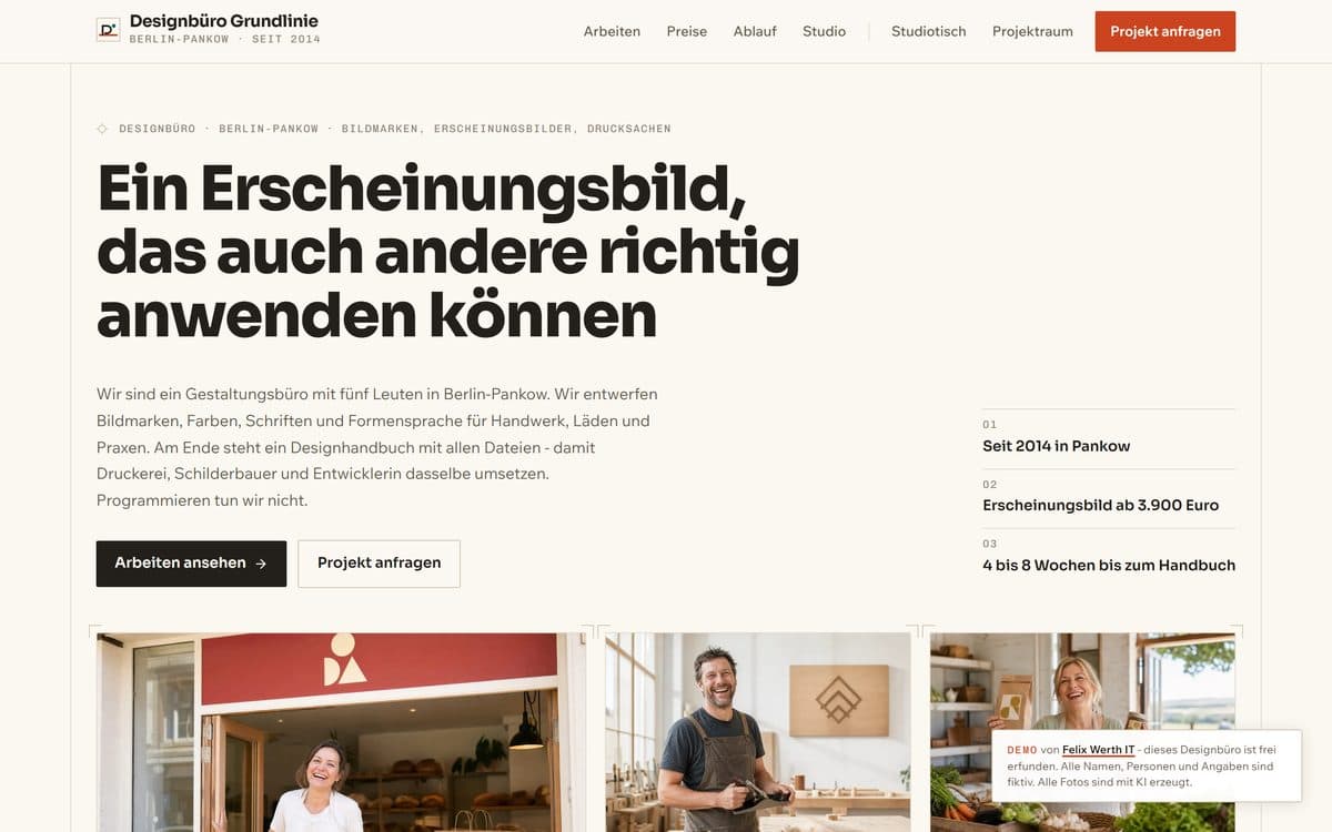 Home page of the demo website for the design studio Grundlinie