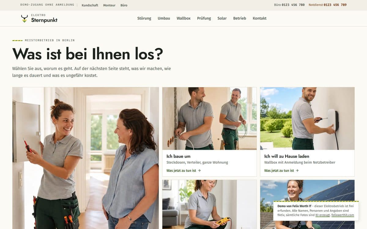 Home page of the demo website for the electrical contractor Sternpunkt