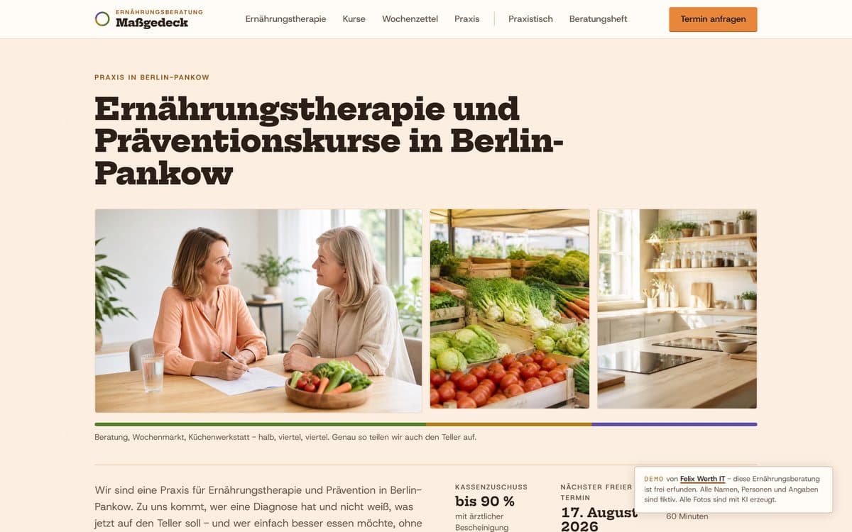 Home page of the demo website for the nutrition counseling practice Maßgedeck