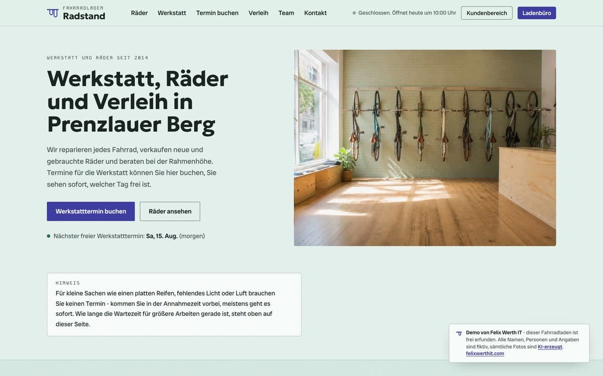 Home page of the demo website for the bicycle shop Radstand