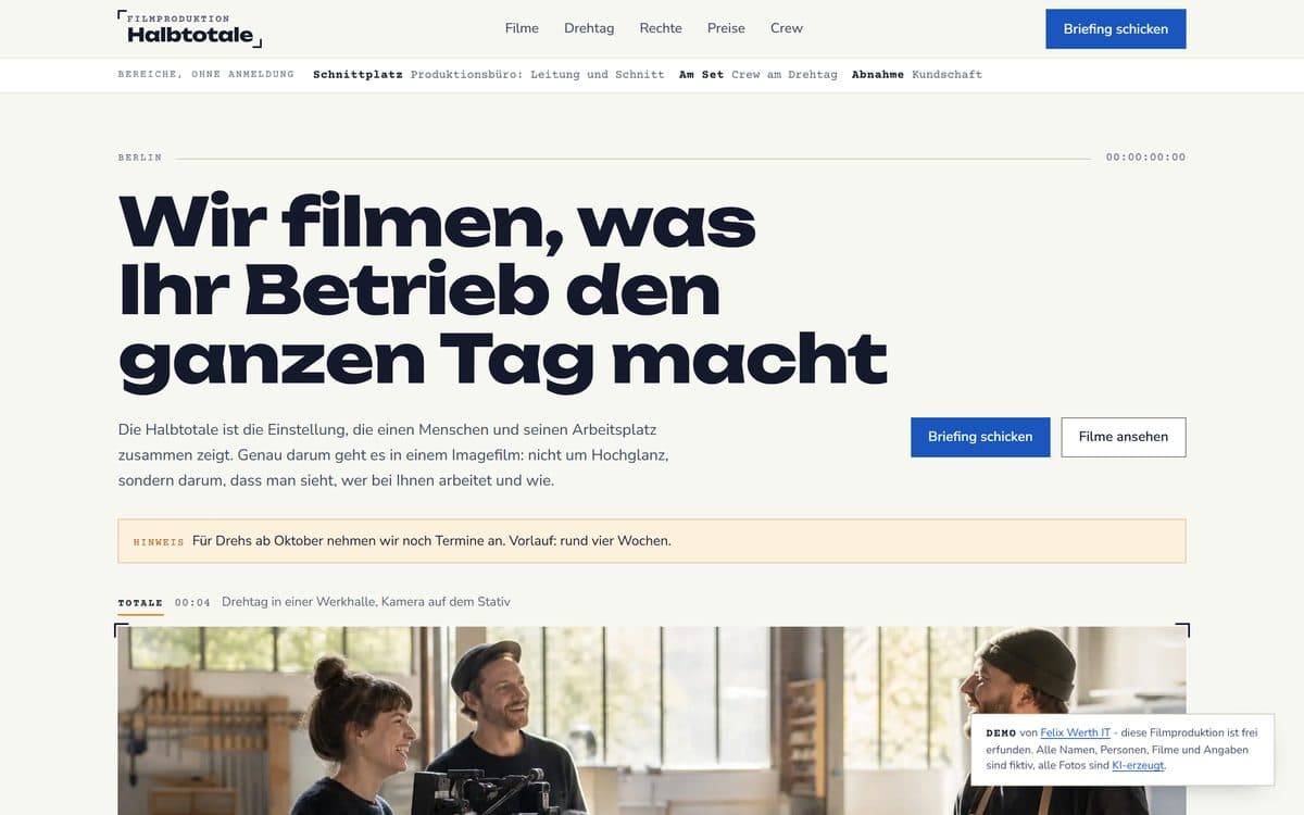Home page of the demo website for the film production Halbtotale