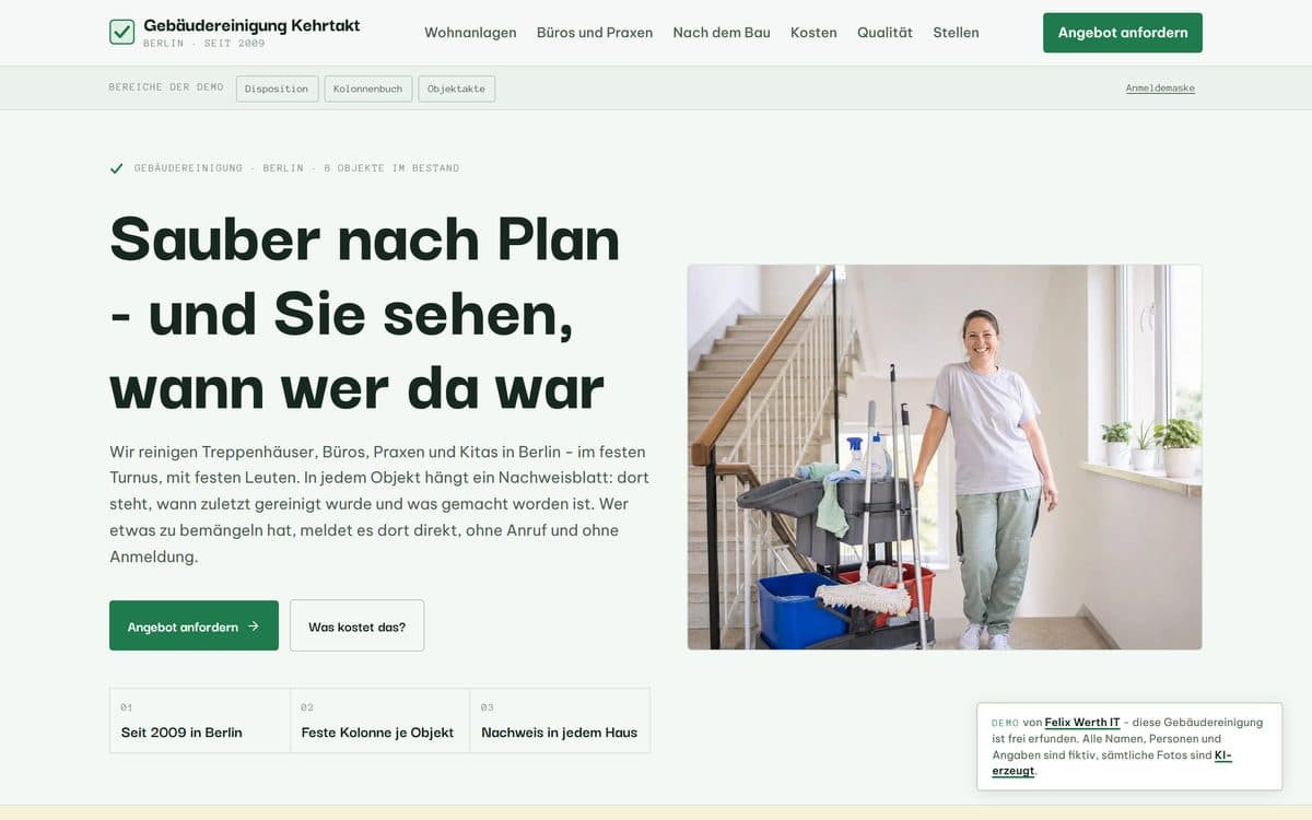 Home page of the demo website for the cleaning company Kehrtakt