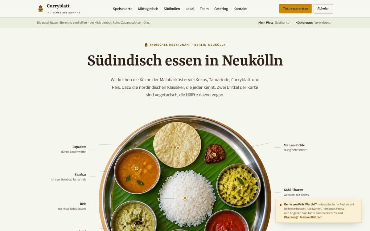 Home page of the demo website for the Indian restaurant Curryblatt