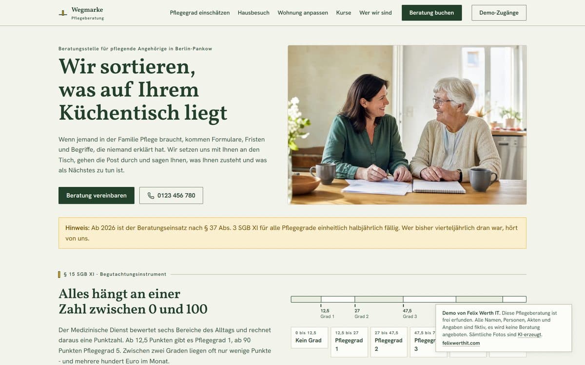 Home page of the demo website for the care consultancy Wegmarke