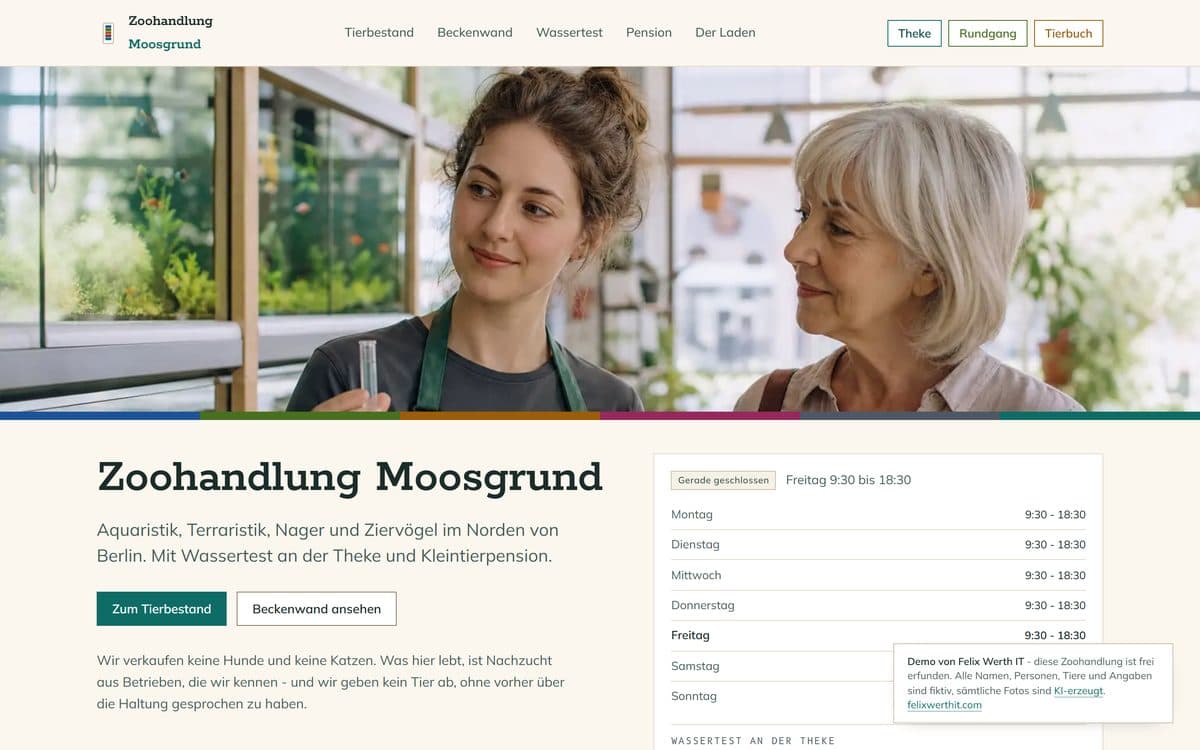 Home page of the demo website for the pet shop Moosgrund